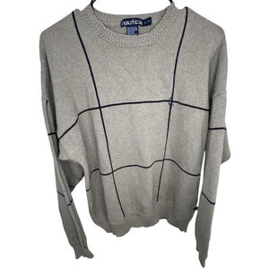 Nautica Vintage Grey Windowpane Striped Crewneck Cotton Sweater